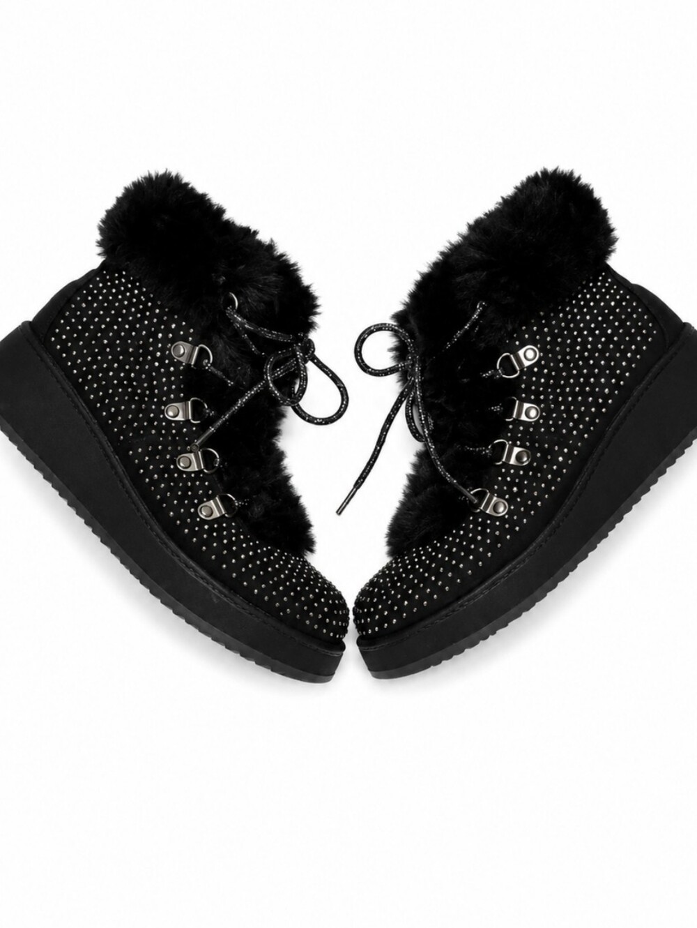 Women's Size 6 Sugar Parrka Black Faux Fur Studded Lace-Up Ankle Booties